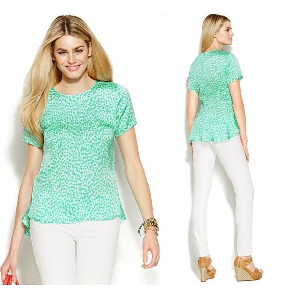 New! MICHAEL KORS Women's Leopard Print Peplum-Back Top Blouse Short Sleeve - Picture 1 of 7